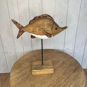 Wood Fish Sitter Home Decor Rustic Art Nature Lover Seabird Ocean NEW